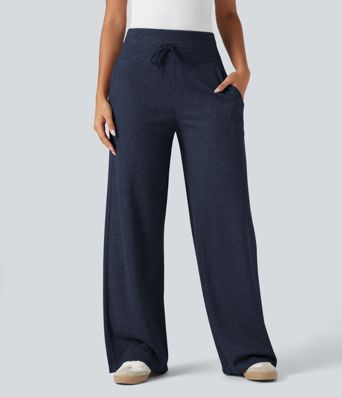 Ribbed Knit High Waisted Tummy Control Drawstring Casual Wide Leg Pants with Pockets