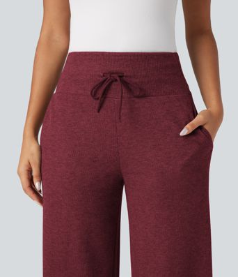 Ribbed Knit High Waisted Tummy Control Drawstring Casual Wide Leg Trousers with Pockets