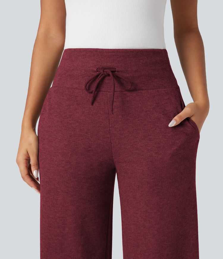 Ribbed Knit High Waisted Tummy Control Drawstring Casual Wide Leg Trousers with Pockets