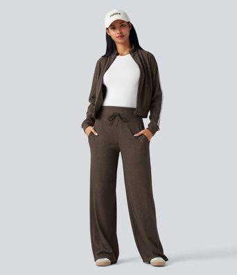 Ribbed Knit High Waisted Tummy Control Drawstring Casual Wide Leg Pants with Pockets