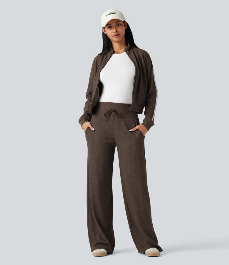 Ribbed Knit High Waisted Tummy Control Drawstring Casual Wide Leg Pants with Pockets