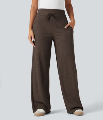 Ribbed Knit High Waisted Tummy Control Drawstring Casual Wide Leg Pants with Pockets