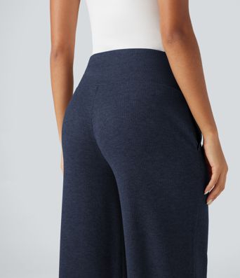 Ribbed Knit High Waisted Tummy Control Drawstring Casual Wide Leg Pants with Pockets