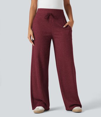 Ribbed Knit High Waisted Tummy Control Drawstring Casual Wide Leg Trousers with Pockets