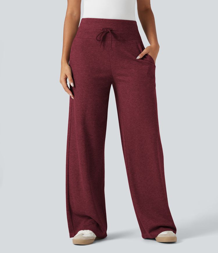 Ribbed Knit High Waisted Tummy Control Drawstring Casual Wide Leg Trousers with Pockets