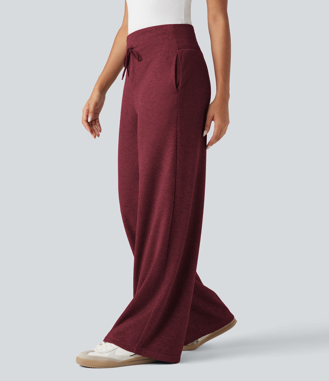 Ribbed Knit High Waisted Tummy Control Drawstring Casual Wide Leg Trousers with Pockets