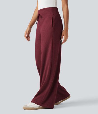 Ribbed Knit High Waisted Tummy Control Drawstring Casual Wide Leg Trousers with Pockets