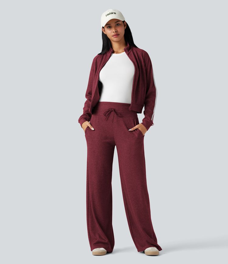 Ribbed Knit High Waisted Tummy Control Drawstring Casual Wide Leg Trousers with Pockets