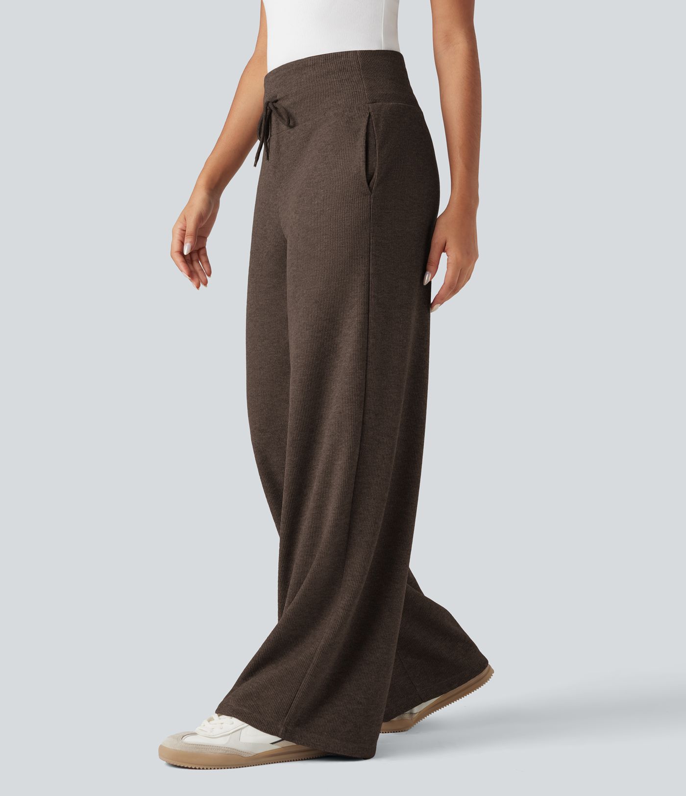 Ribbed Knit High Waisted Tummy Control Drawstring Casual Wide Leg Pants with Pockets
