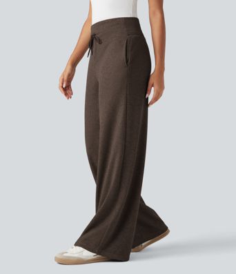 Ribbed Knit High Waisted Tummy Control Drawstring Casual Wide Leg Pants with Pockets