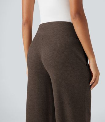 Ribbed Knit High Waisted Tummy Control Drawstring Casual Wide Leg Pants with Pockets