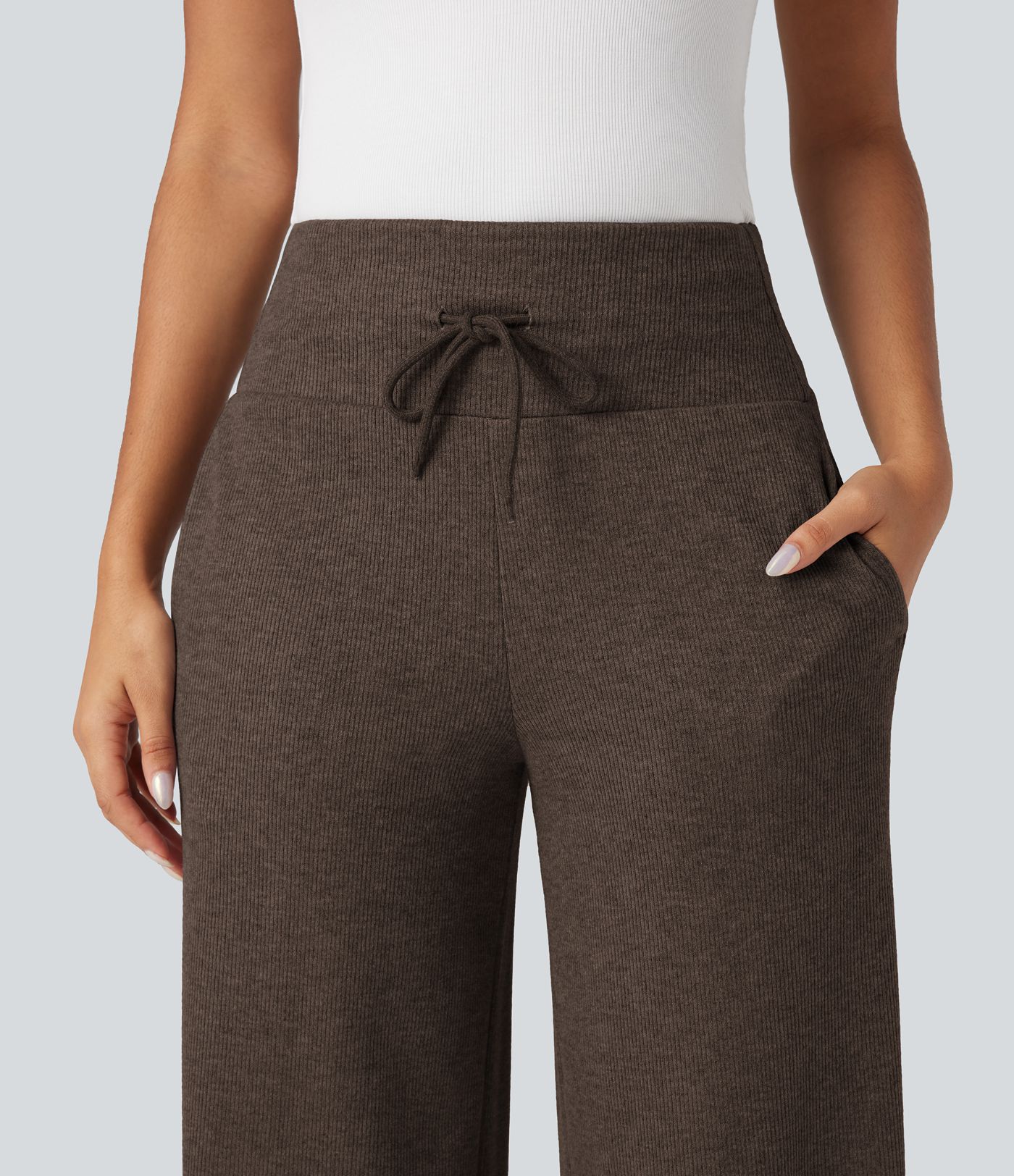 Ribbed Knit High Waisted Tummy Control Drawstring Casual Wide Leg Pants with Pockets