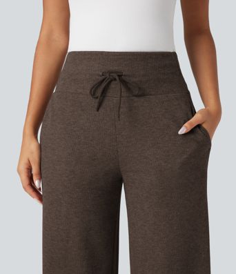 Ribbed Knit High Waisted Tummy Control Drawstring Casual Wide Leg Pants with Pockets