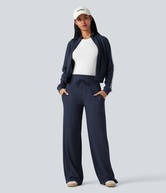 Ribbed Knit High Waisted Tummy Control Drawstring Casual Wide Leg Pants with Pockets