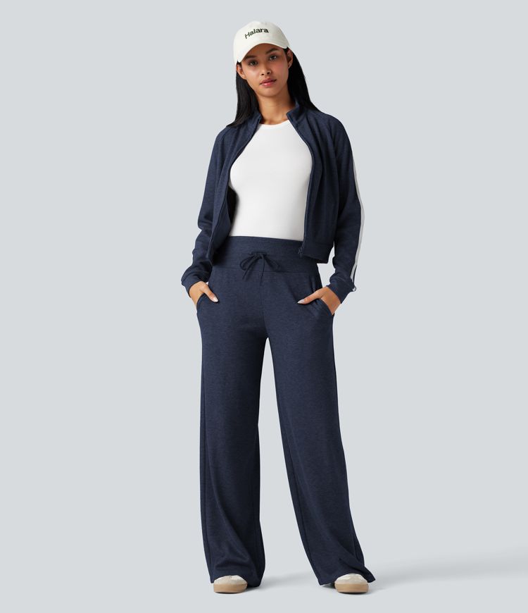 Ribbed Knit High Waisted Tummy Control Drawstring Casual Wide Leg Pants with Pockets