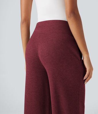 Ribbed Knit High Waisted Tummy Control Drawstring Casual Wide Leg Trousers with Pockets