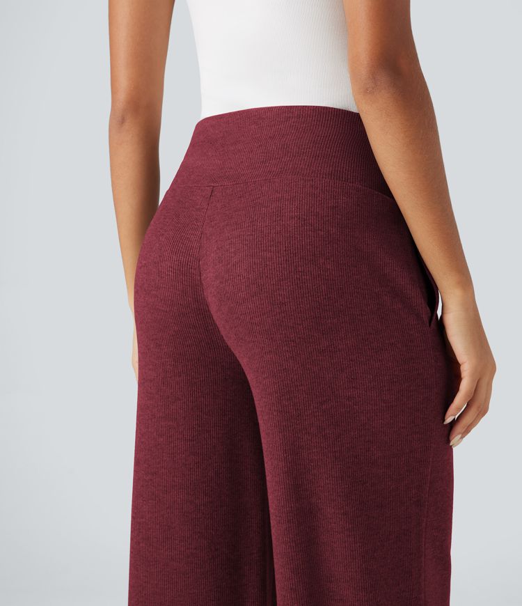 Ribbed Knit High Waisted Tummy Control Drawstring Casual Wide Leg Trousers with Pockets