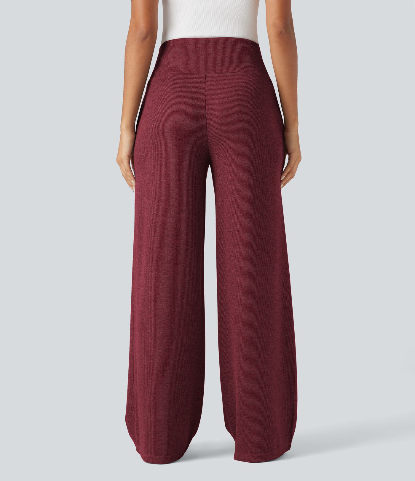 Ribbed Knit High Waisted Tummy Control Drawstring Casual Wide Leg Trousers with Pockets