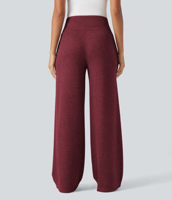 Ribbed Knit High Waisted Tummy Control Drawstring Casual Wide Leg Trousers with Pockets