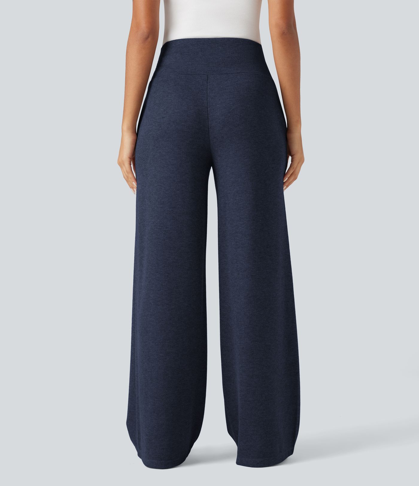 Ribbed Knit High Waisted Tummy Control Drawstring Casual Wide Leg Pants with Pockets