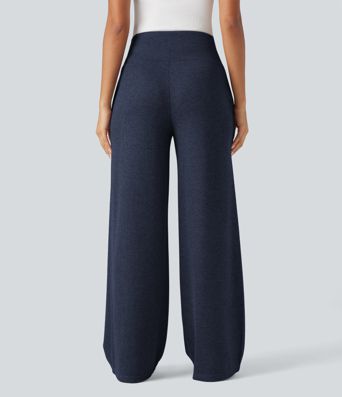 Ribbed Knit High Waisted Tummy Control Drawstring Casual Wide Leg Pants with Pockets