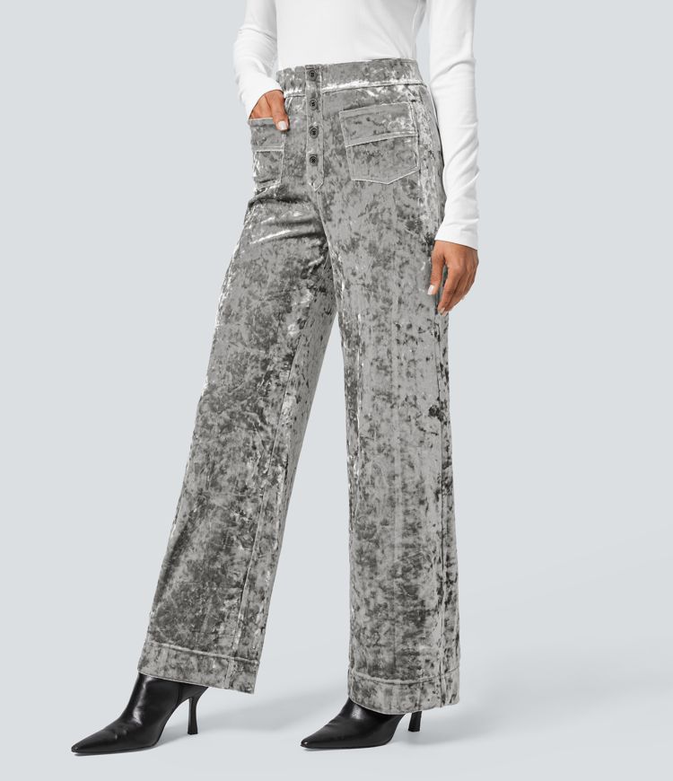 High Waisted Pockets Straight Leg Velvet Casual Trousers