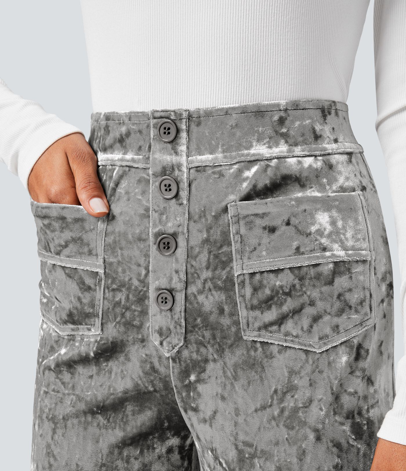 High Waisted Pockets Straight Leg Velvet Casual Trousers