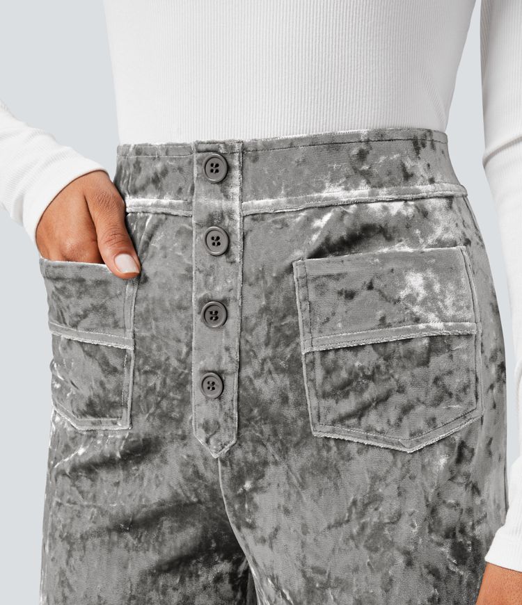 High Waisted Pockets Straight Leg Velvet Casual Trousers