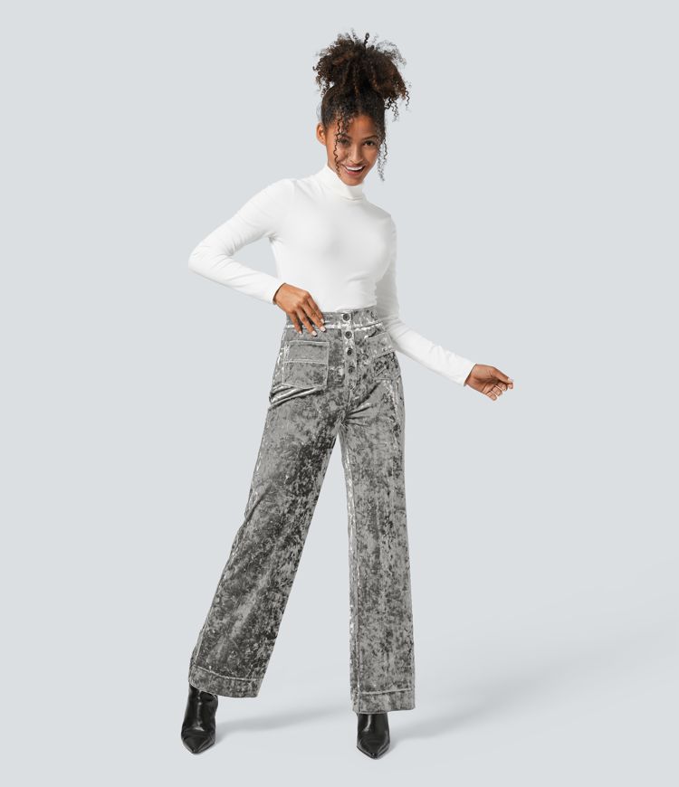 High Waisted Pockets Straight Leg Velvet Casual Trousers