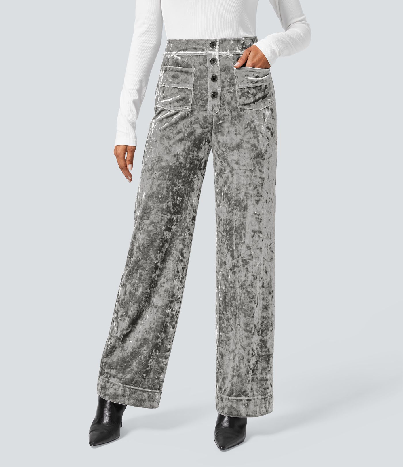 High Waisted Pockets Straight Leg Velvet Casual Trousers