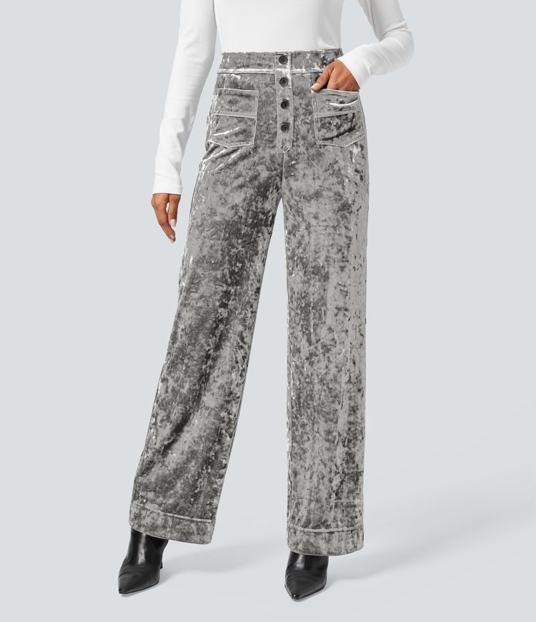 High Waisted Pockets Straight Leg Velvet Casual Trousers