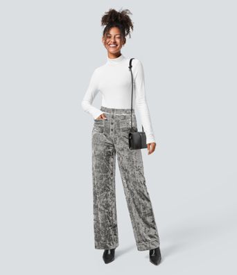 High Waisted Pockets Straight Leg Velvet Casual Trousers