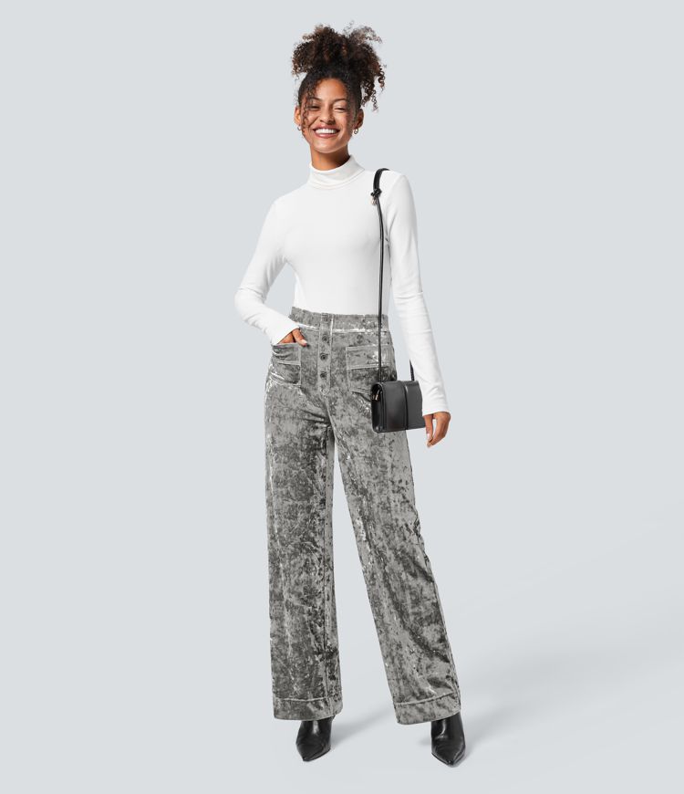 High Waisted Pockets Straight Leg Velvet Casual Trousers