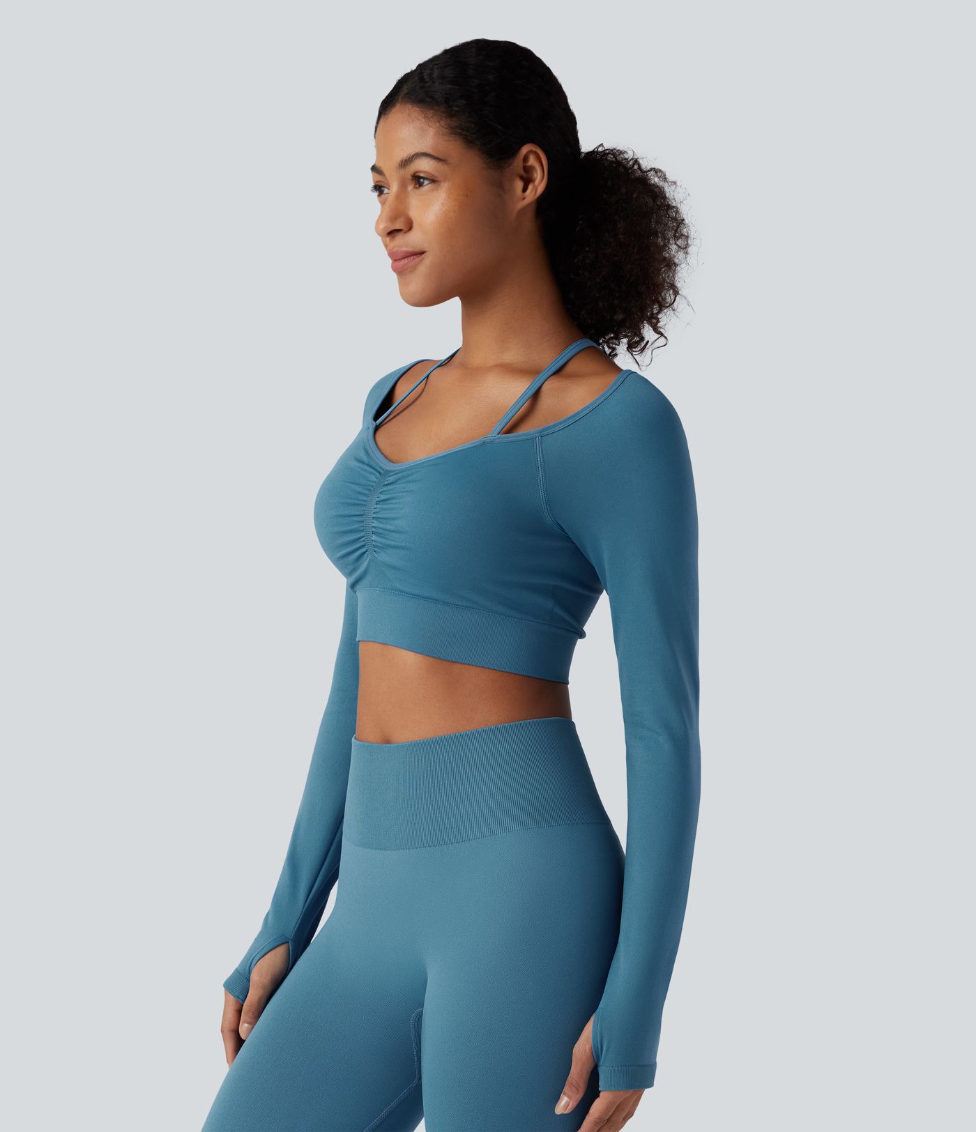 OneForm Seamless Flow Halter Long Sleeve Thumb Hole Cropped Yoga Sports Top