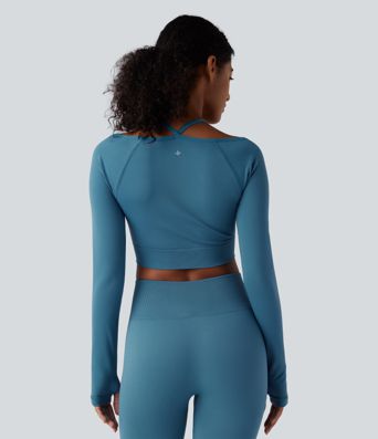 OneForm Seamless Flow Halter Long Sleeve Thumb Hole Cropped Yoga Sports Top