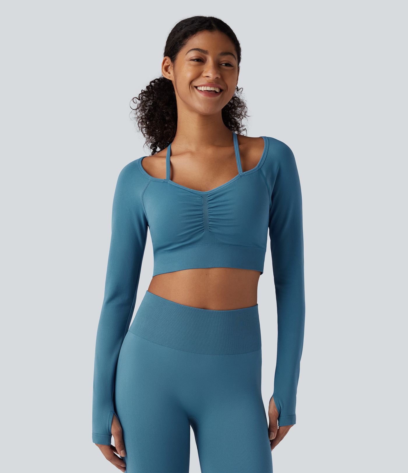 OneForm Seamless Flow Halter Long Sleeve Thumb Hole Cropped Yoga Sports Top