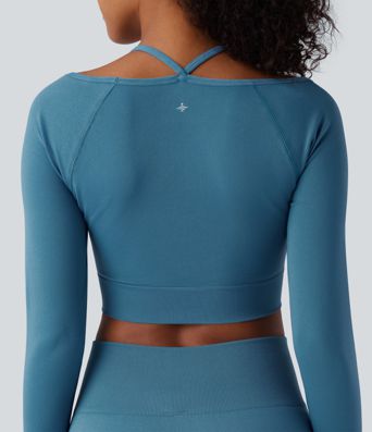OneForm Seamless Flow Halter Long Sleeve Thumb Hole Cropped Yoga Sports Top