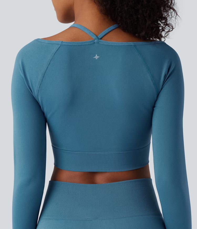 OneForm Seamless Flow Halter Long Sleeve Thumb Hole Cropped Yoga Sports Top