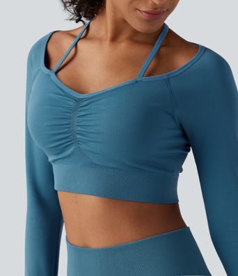 OneForm Seamless Flow Halter Long Sleeve Thumb Hole Cropped Yoga Sports Top