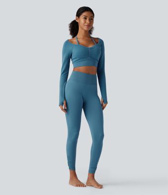 OneForm Seamless Flow Halter Long Sleeve Thumb Hole Cropped Yoga Sports Top