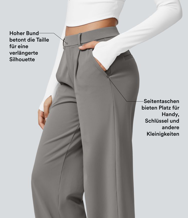 Halara Flex™ plissierte dehnbare Stoffhose mit hohem Bund, Seitentaschen und geradem Bein