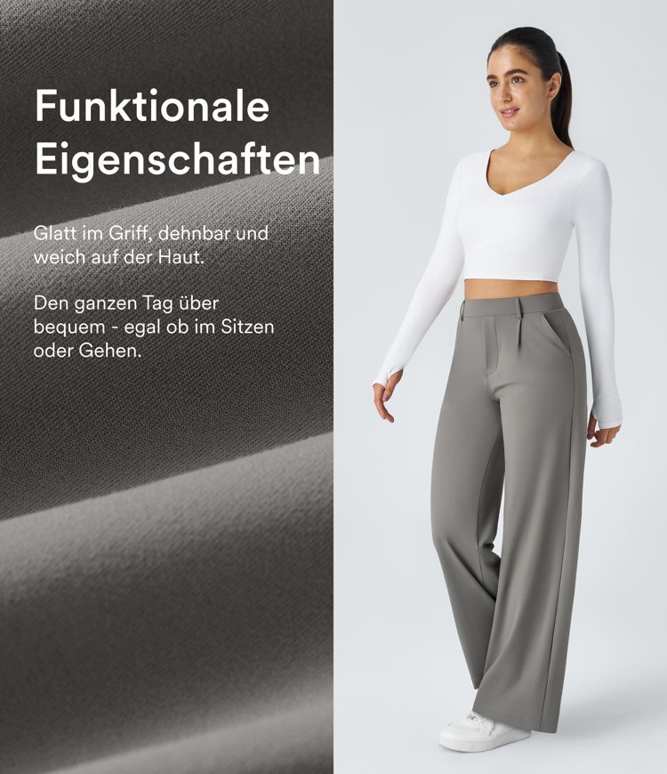 Halara Flex™ plissierte dehnbare Stoffhose mit hohem Bund, Seitentaschen und geradem Bein