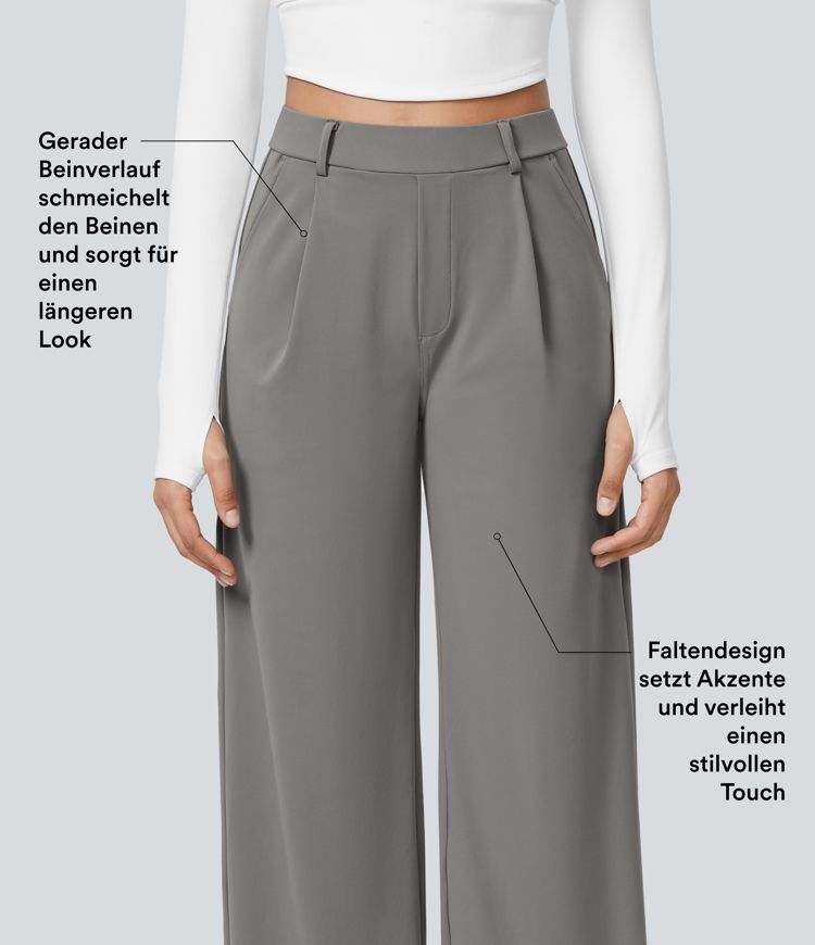 Halara Flex™ plissierte dehnbare Stoffhose mit hohem Bund, Seitentaschen und geradem Bein