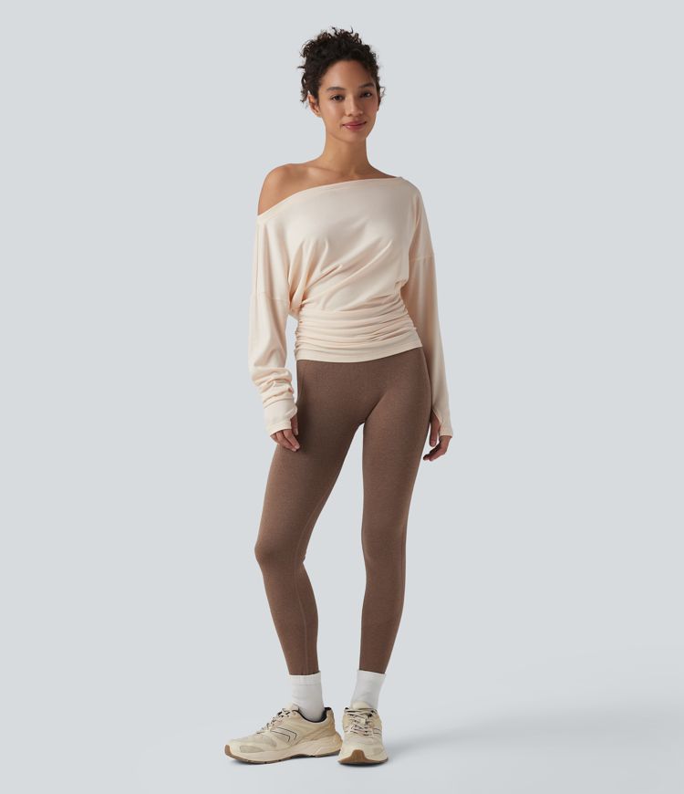 One Shoulder Long Sleeve Thumb Hole Ruched Yoga Sports Top
