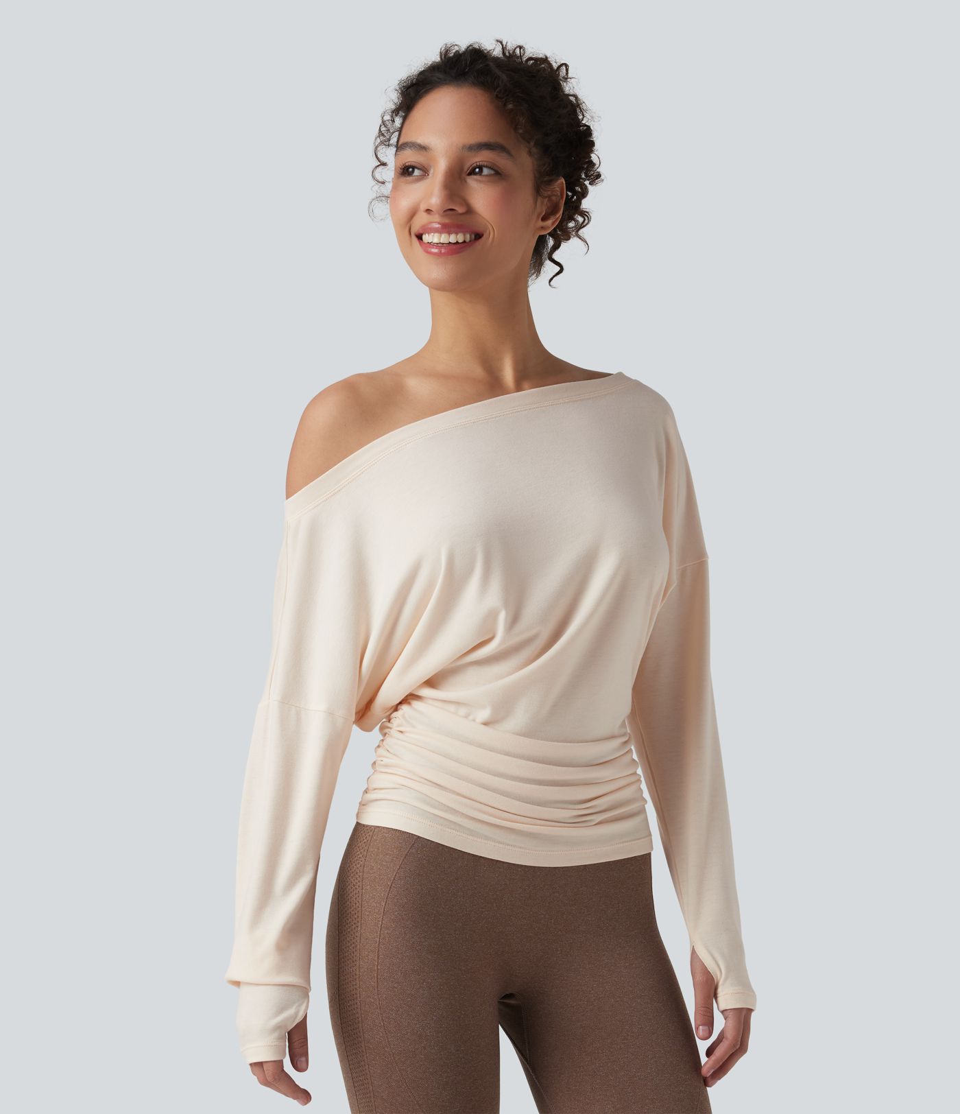 One Shoulder Long Sleeve Thumb Hole Ruched Yoga Sports Top