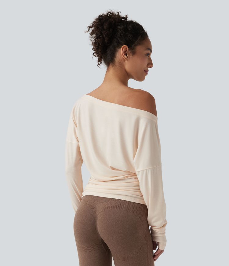 One Shoulder Long Sleeve Thumb Hole Ruched Yoga Sports Top
