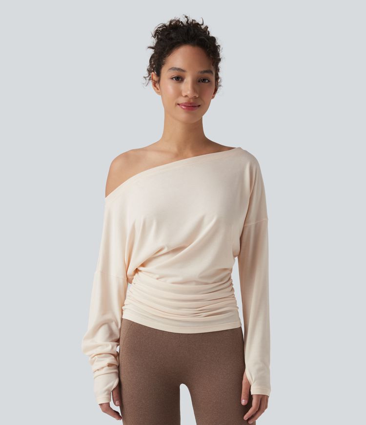 One Shoulder Long Sleeve Thumb Hole Ruched Yoga Sports Top