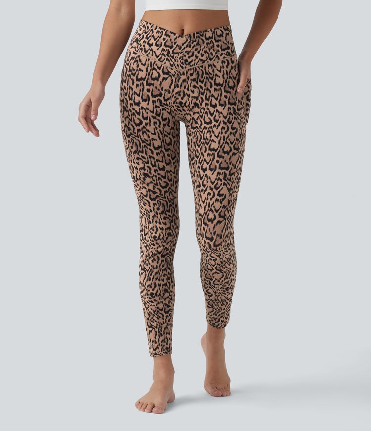 7/8-Leggings mit hohem Crossover-Bund, Seitentaschen und Leopardenmuster