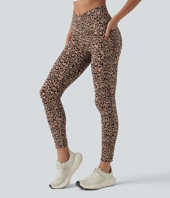 7/8-Leggings mit hohem Crossover-Bund, Seitentaschen und Leopardenmuster
