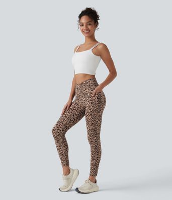 7/8-Leggings mit hohem Crossover-Bund, Seitentaschen und Leopardenmuster